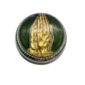 Vintage Glass Paperweight W/ Gold Praying Hands Design & Green Felt Base 3"